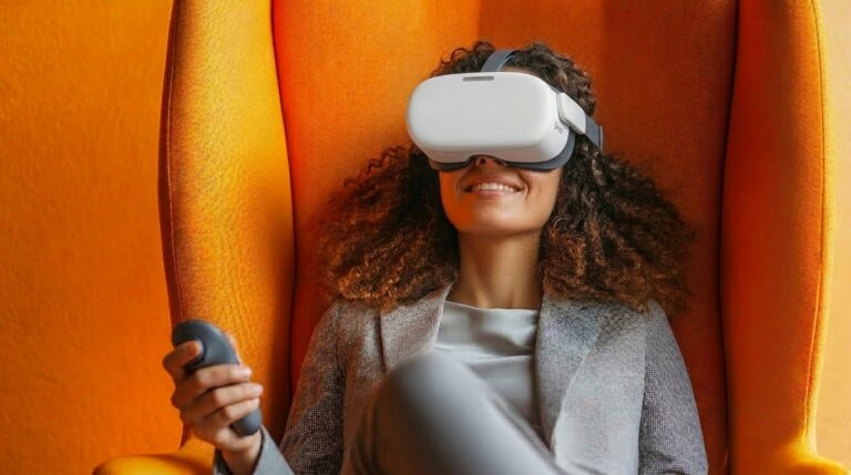 A woman smiling while wearing a VR headset