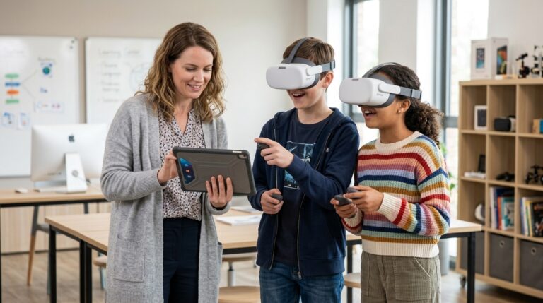 Teacher with a tablet guiding pupils who are wearing VR headsets