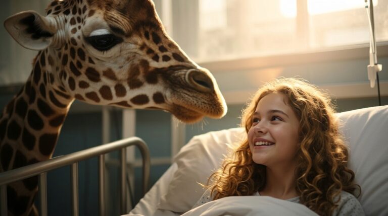 Girl in a hospital bed looking up at a giraffe in VR