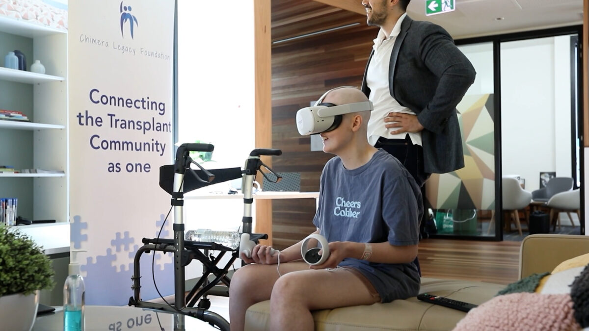 A young patient wearing a VR headset during a Chimera Legacy Foundation session in Brisbane